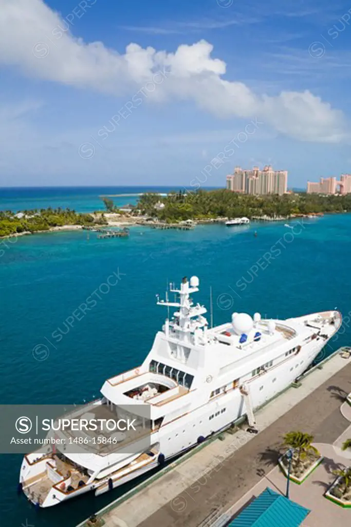 High angle view of a yacht at Prince George Wharf, Nassau, New Providence Island, Bahamas