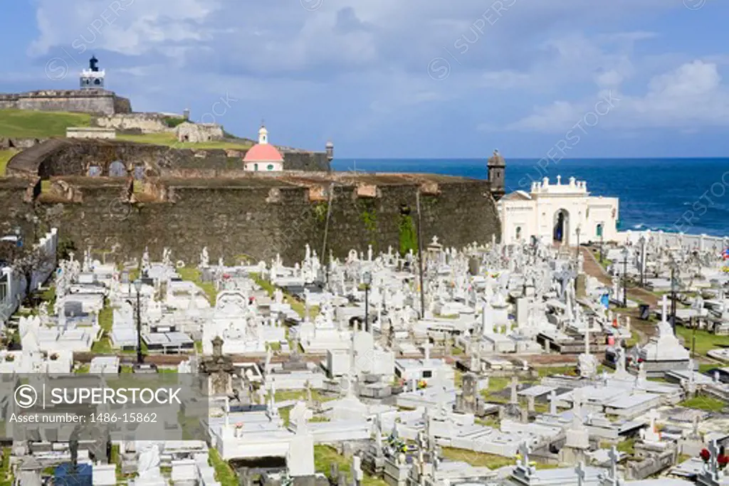 Santa Maria Magdalena Cemetery with El Morro Castle in the background, Old San Juan, San Juan, Puerto Rico