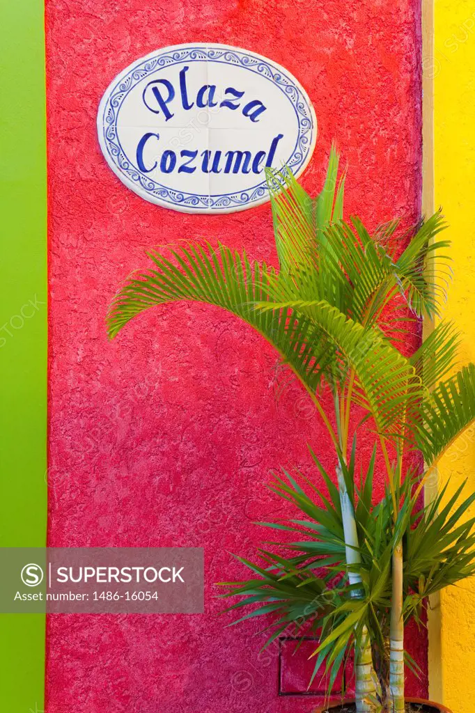 Plaza Cozumel sign on a wall, Puerta Maya, Cozumel, Quintana Roo, Yucatan Peninsula, Mexico