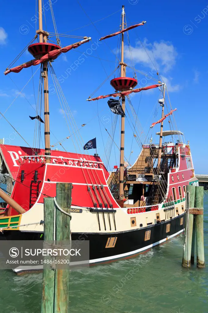 Pirate Landing ship moored at a port, Port Isabel, Texas, USA