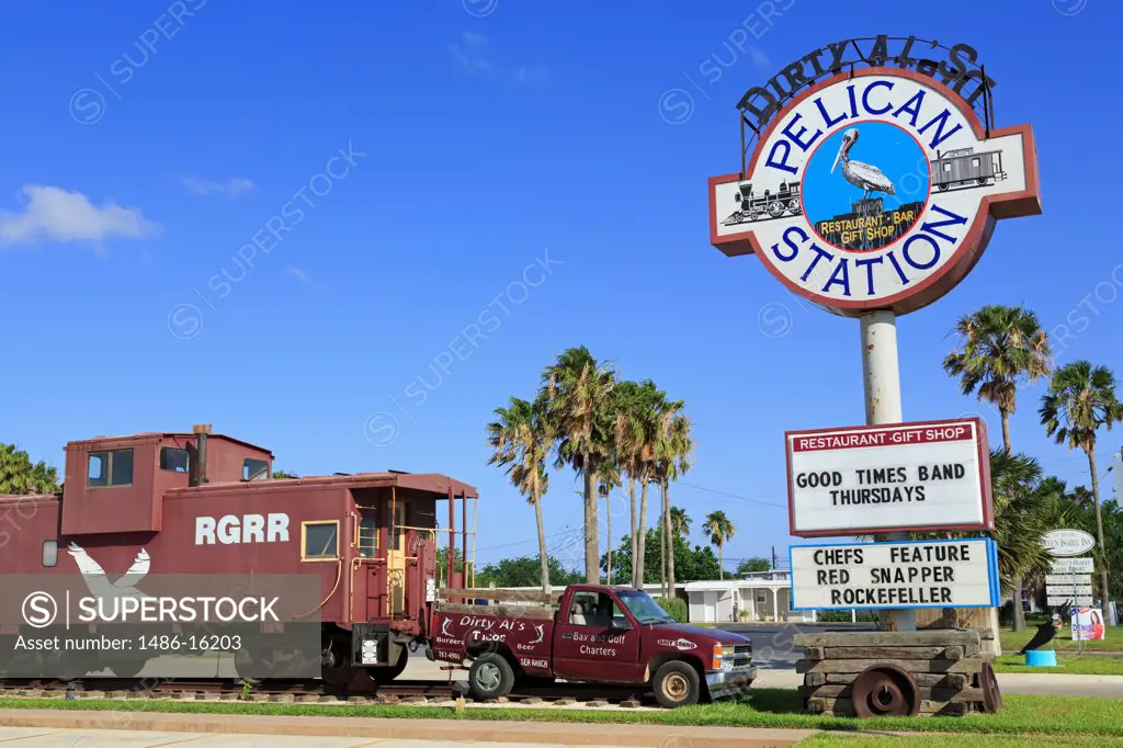 Signboard at a restaurant, Dirty Al's, Pelican Station, Port Isabel, Texas, USA