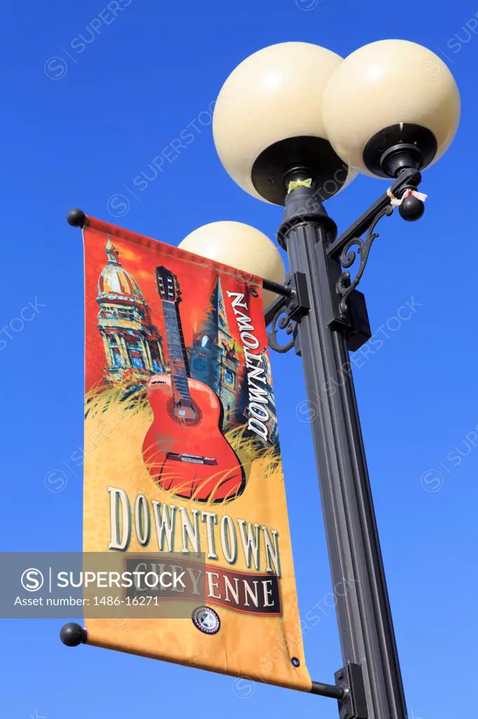 USA, Wyoming, Cheyenne, Poster on street lamp in Cheyenne Depot Plaza