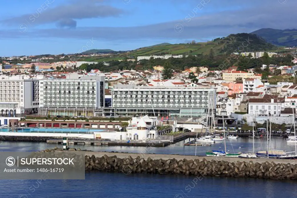 Yacht marina with city in the background, Ponta Delgada, Sao Miguel, Azores, Portugal