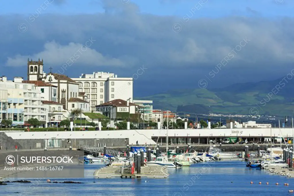 Harbor with city at the waterfront, Ponta Delgada, Sao Miguel, Azores, Portugal