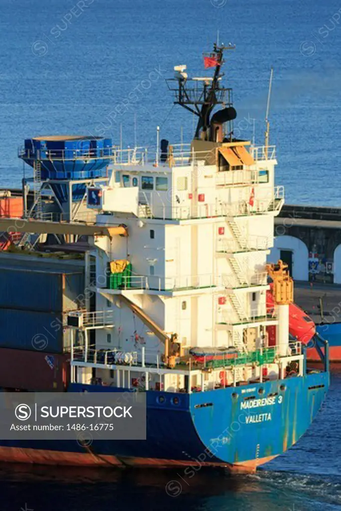 Container ship at the port of Ponta Delgada, Sao Miguel, Azores, Portugal
