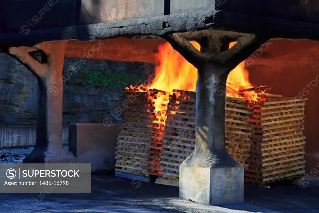 Charcoal burning at Jack Daniels Distillery, Lynchburg, Nashville, Tennessee, USA