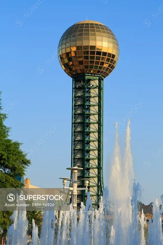 Sunsphere and fountain in World's Fair Park, Knoxville, Knox County, Tennessee, USA