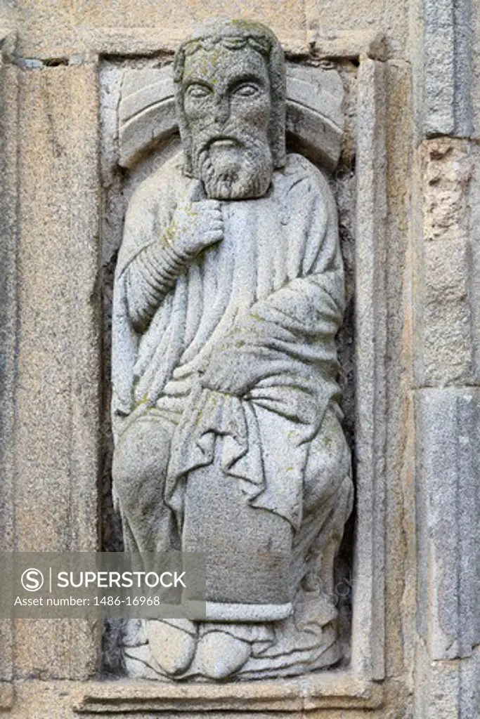 Carving detail on cathedral wall in Plaza Quintana, Santiago de Compostela, Galicia, Spain