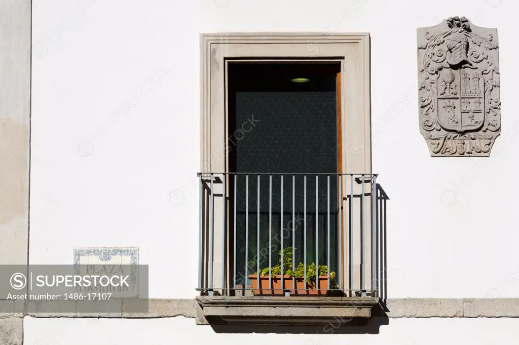 Balcony of a building at Constitution Plaza in the historic centre of Vigo, Galicia, Spain