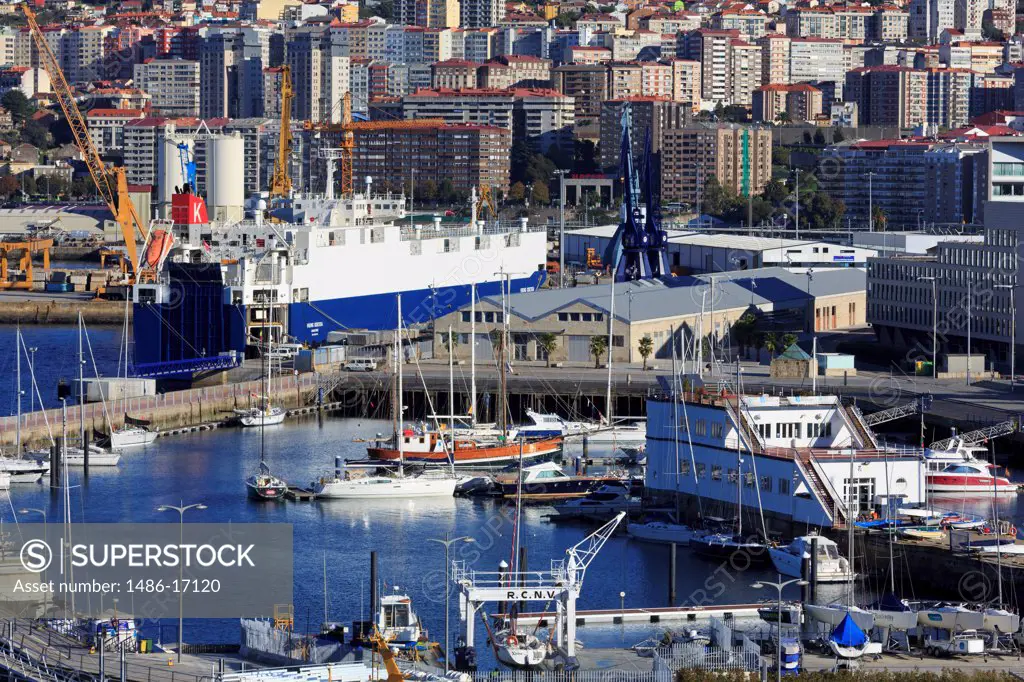 RC Nautico Marina with city in the background, Vigo, Galicia, Spain