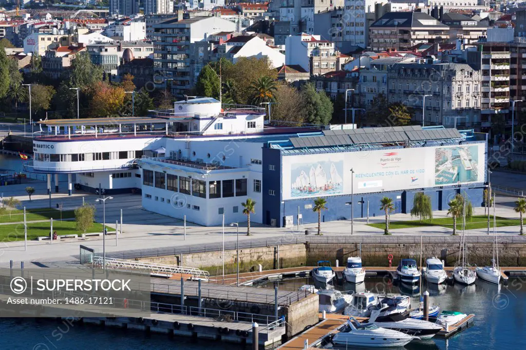 RC Nautico Marina with city in the background, Vigo, Galicia, Spain