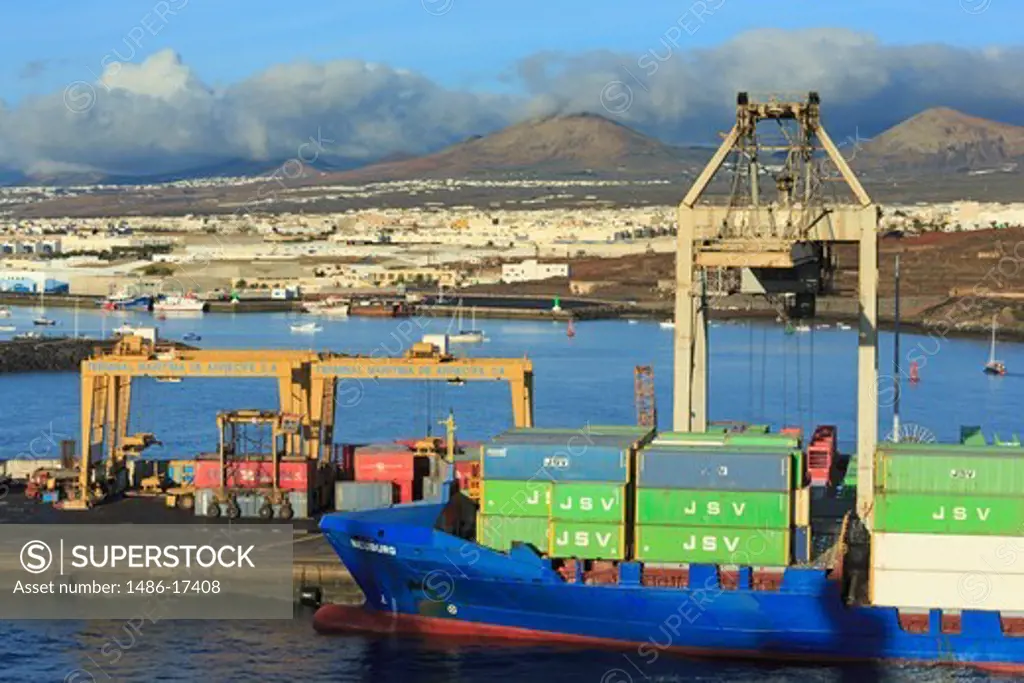 Spain, Canary islands, Lanzarote island, Arrecife, Container ship in Port of Marmoles