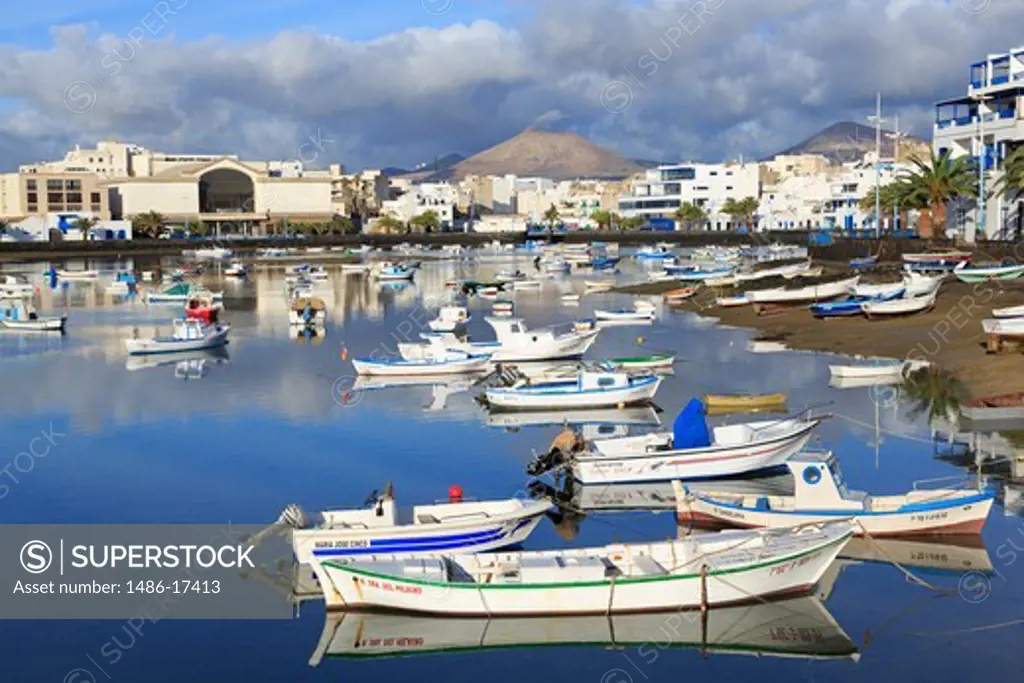 Spain, Canary islands, Lanzarote island, Arrecife, Charco de San Gines, Fishing boats