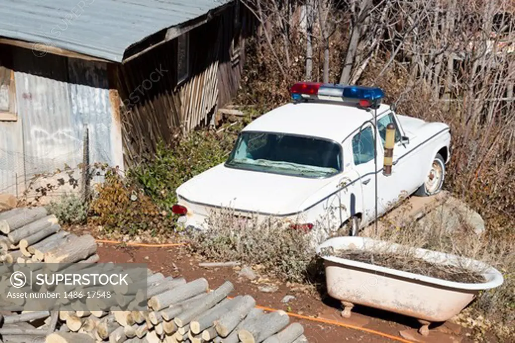 USA, Arizona, Jerome, Gold King Mine & Ghost Town, Abandoned police car