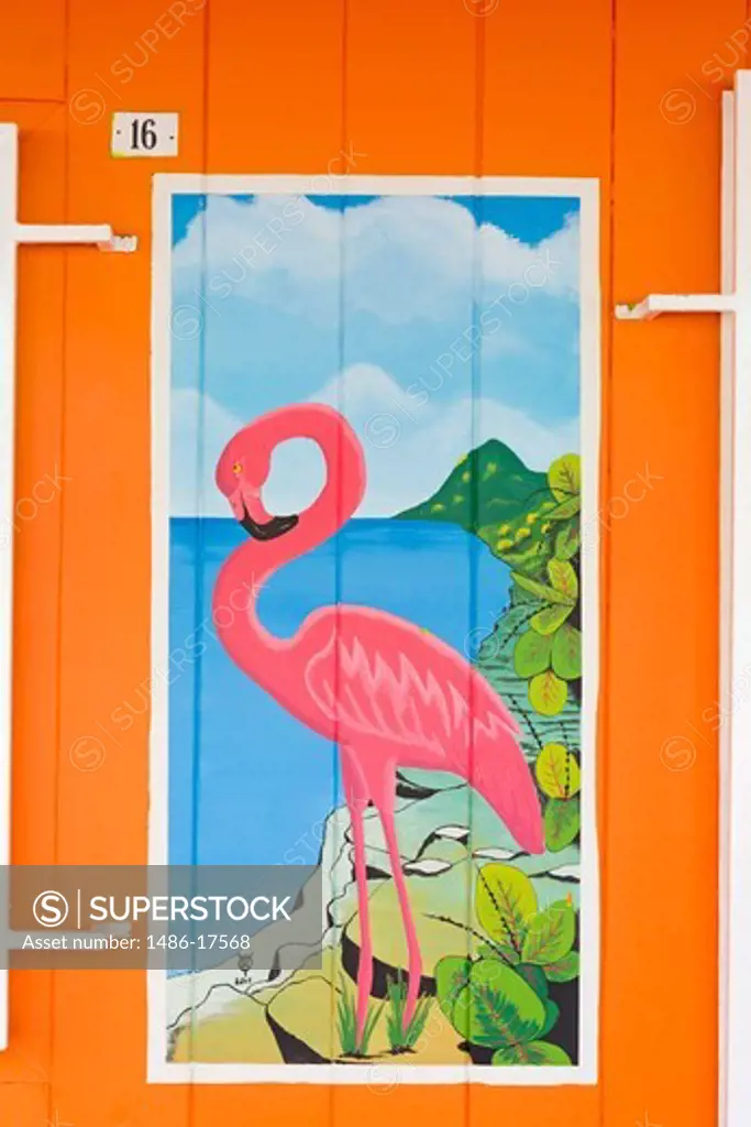 Caribbean, Bonaire, Kralendijk, Kaya Grandi, Mural depicting pink flamingo