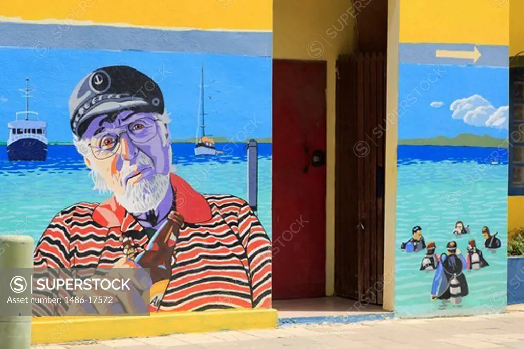 Caribbean, Bonaire, Kralendijk, Mural depicting sailor
