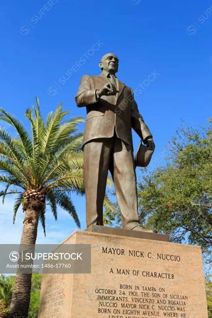 Low angle view of the statue of Mayor Nick Nuccio, Ybor City Historic District, Tampa, Florida, USA