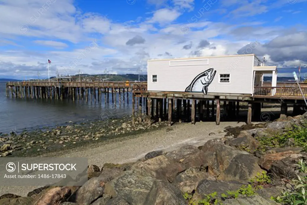 Restaurant on a pier on the beach, Old Town Dock, Tacoma, Washington State, USA