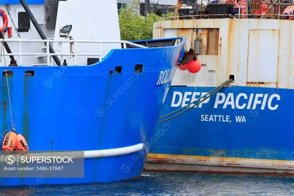 Boats moored at Fishermen's Terminal, Salmon Bay, Seattle, King County, Washington State, USA