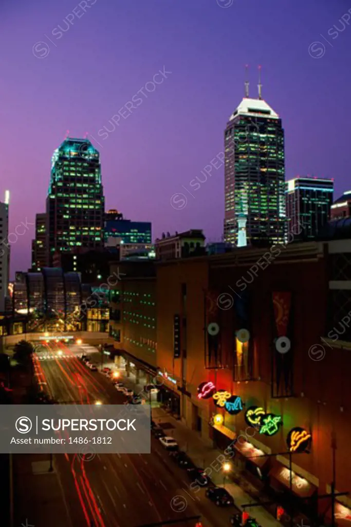Buildings in Indianapolis lit up at night, Indiana, USA