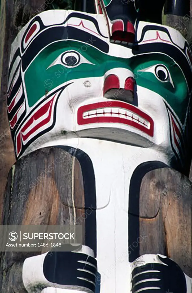 Low angle view of a totem pole, Stanley Park, British Columbia, Canada