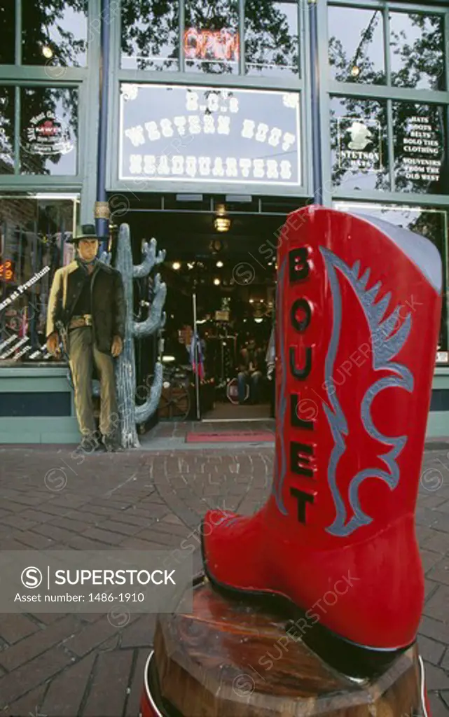 Canada, British Columbia, Vancouver, cowboy boot in front of western shop