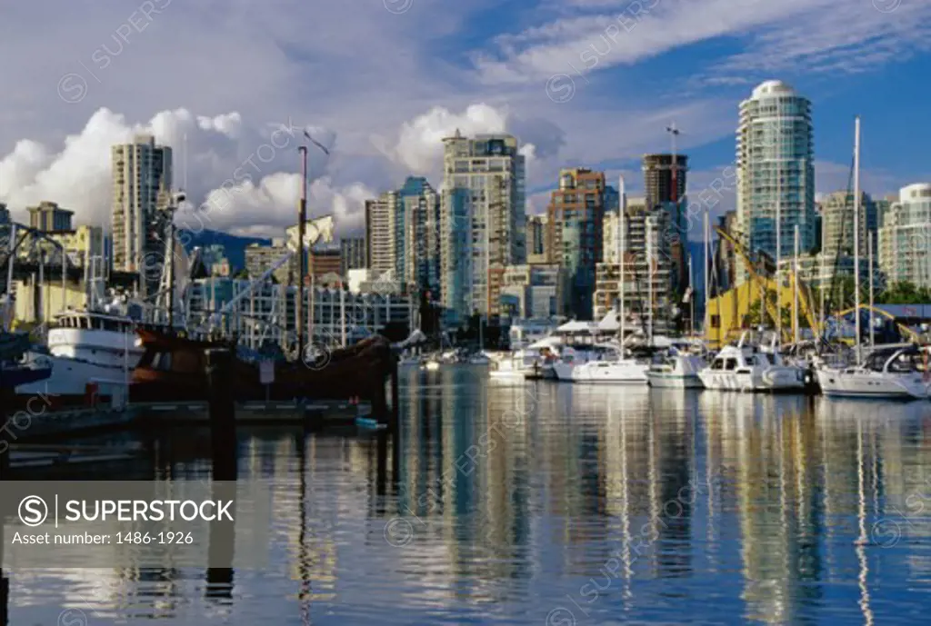 Boats in a harbor, False Creek, Vancouver, British Columbia, Canada