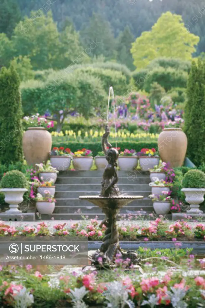 Fountain in a formal garden, Butchart Gardens, Victoria, British Columbia, Canada