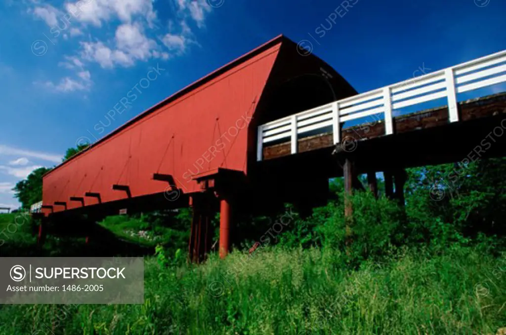 Low angle view of a covered bridge, Roseman Covered Bridge, Winterset, Iowa, USA
