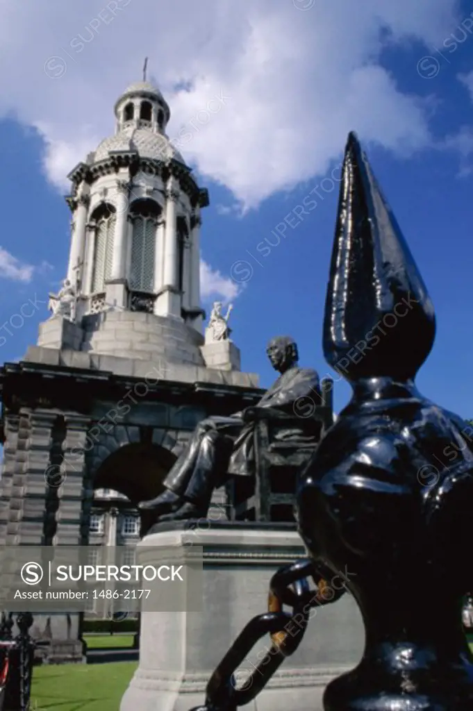 Low angle view of a statue in front of a building, Trinity College, Dublin, Ireland