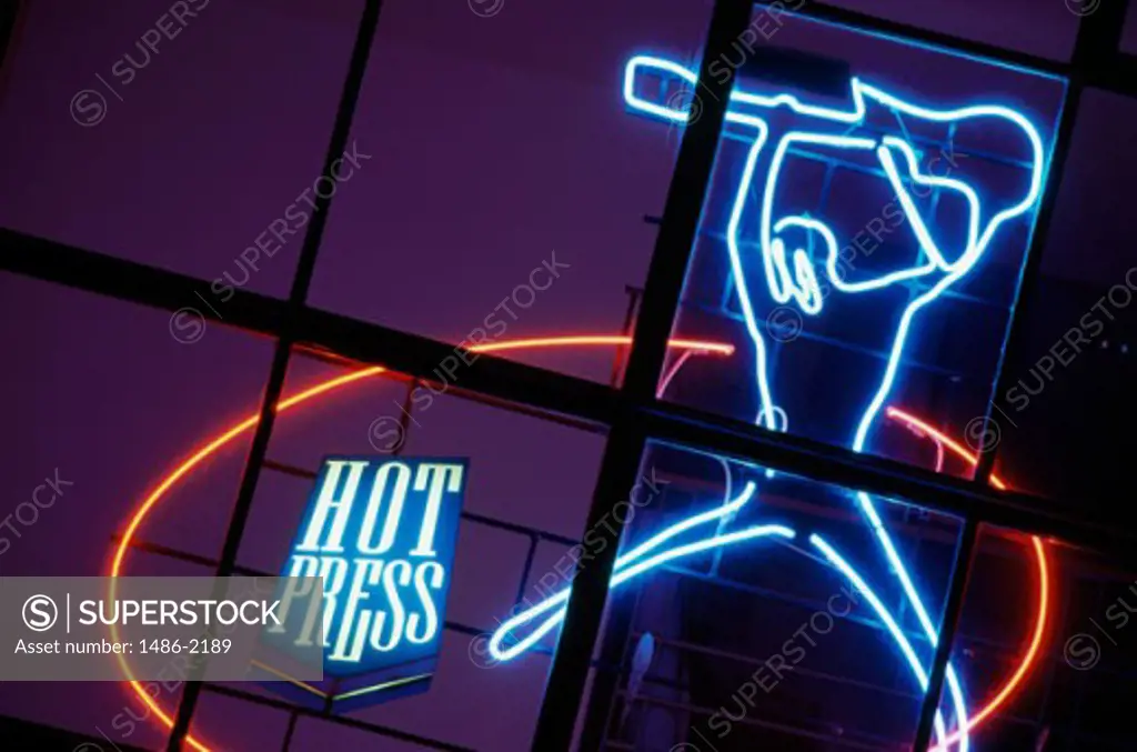 Low angle view of a neon sign lit up at night, Hot Press, Irish Music Hall of Fame, Dublin, Ireland