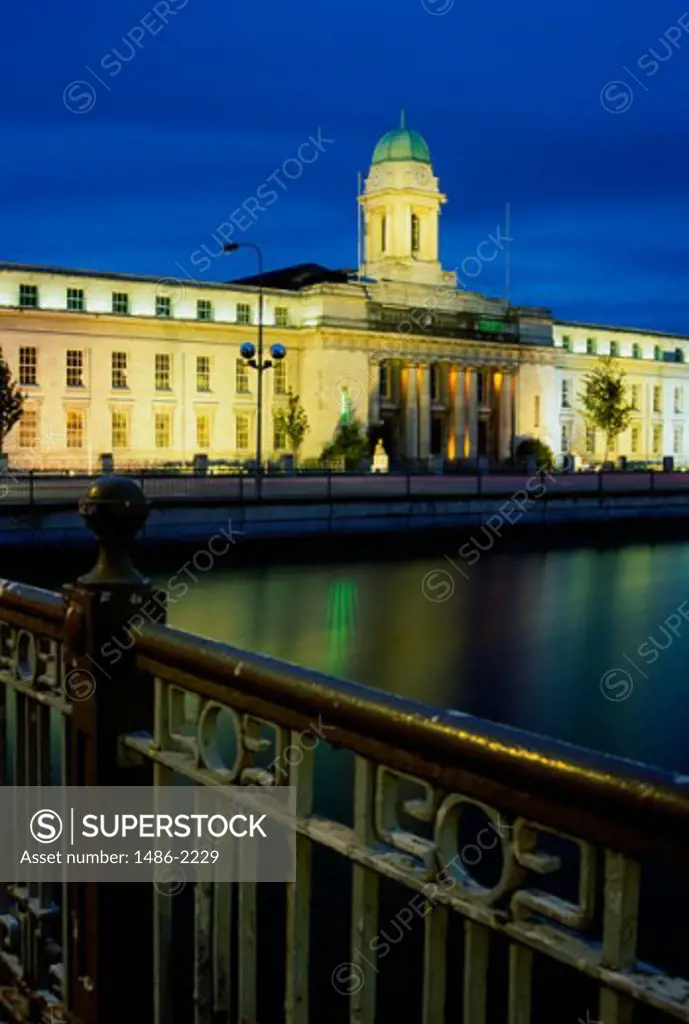 Building lit up at dusk, City Hall, Cork, Ireland