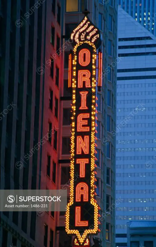 Neon sign of a stage theatre lit up at night, Ford Oriental Theatre, Chicago, Illinois, USA