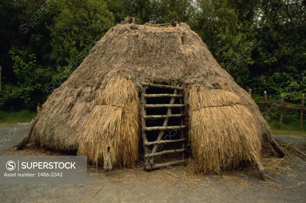 Thatched roof hut in a field, Heritage Park, County Wexford, Ireland