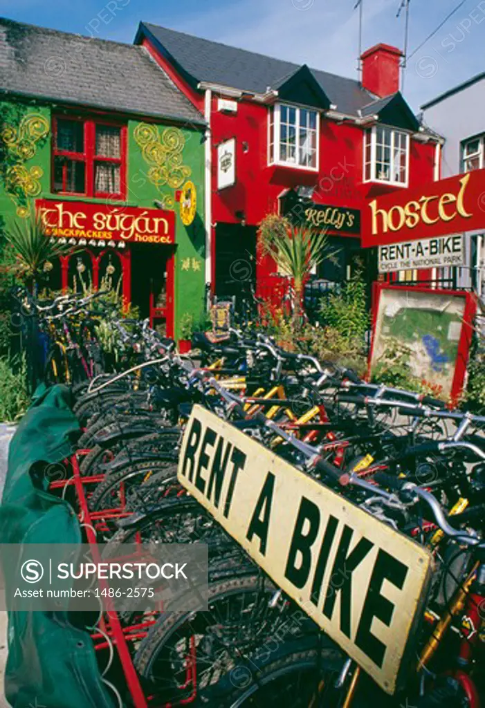 Row of bicycles in front of buildings, Killarney, County Kerry, Ireland