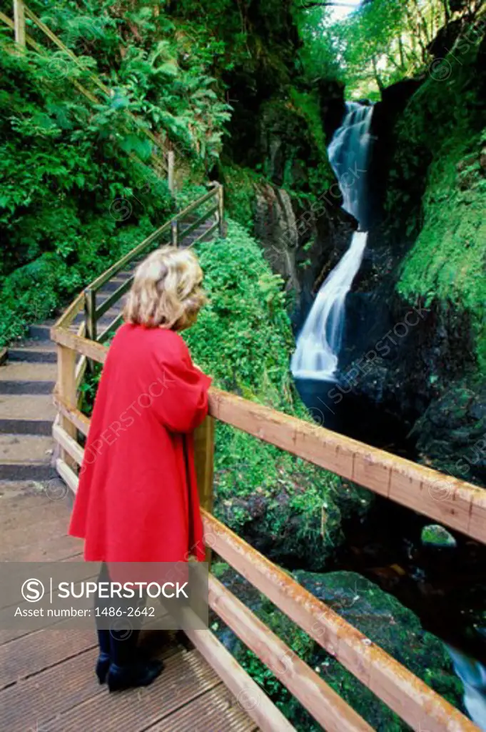 Side profile of a woman standing on a footbridge, Ess-na-Larach Waterfall, Glenariff Forest Park, County Antrim, Northern Ireland