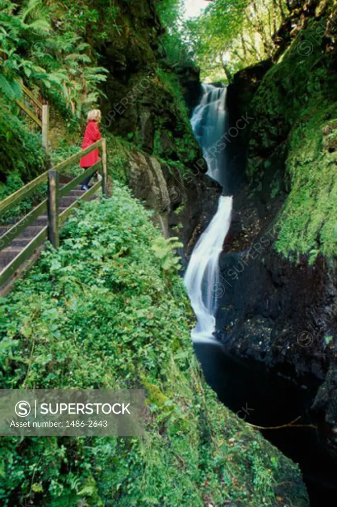 Person standing on steps at the Ess-na-laragh Falls, Glenariff Forest Park, Northern Ireland