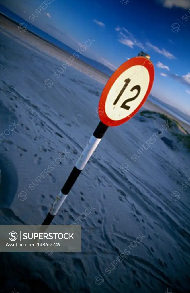 High angle view of a sign on the beach, Bull Island, Dublin Bay, Ireland