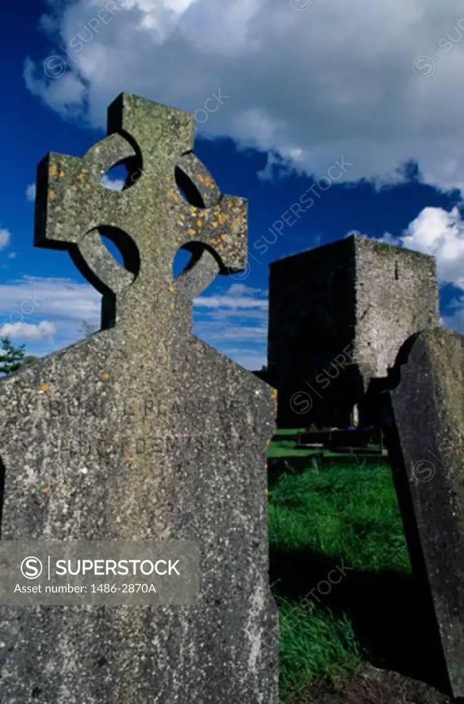 Close-up of a Celtic cross in a cemetery, Black Abbey, County Kildare, Ireland