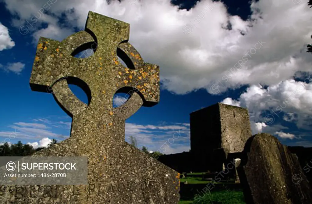 Low angle view of Celtic cross, Black Abbey, County Kildare, Ireland
