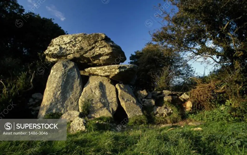 Low angle view of stones in a field, Knockeen Dolmen, County Waterford, Ireland