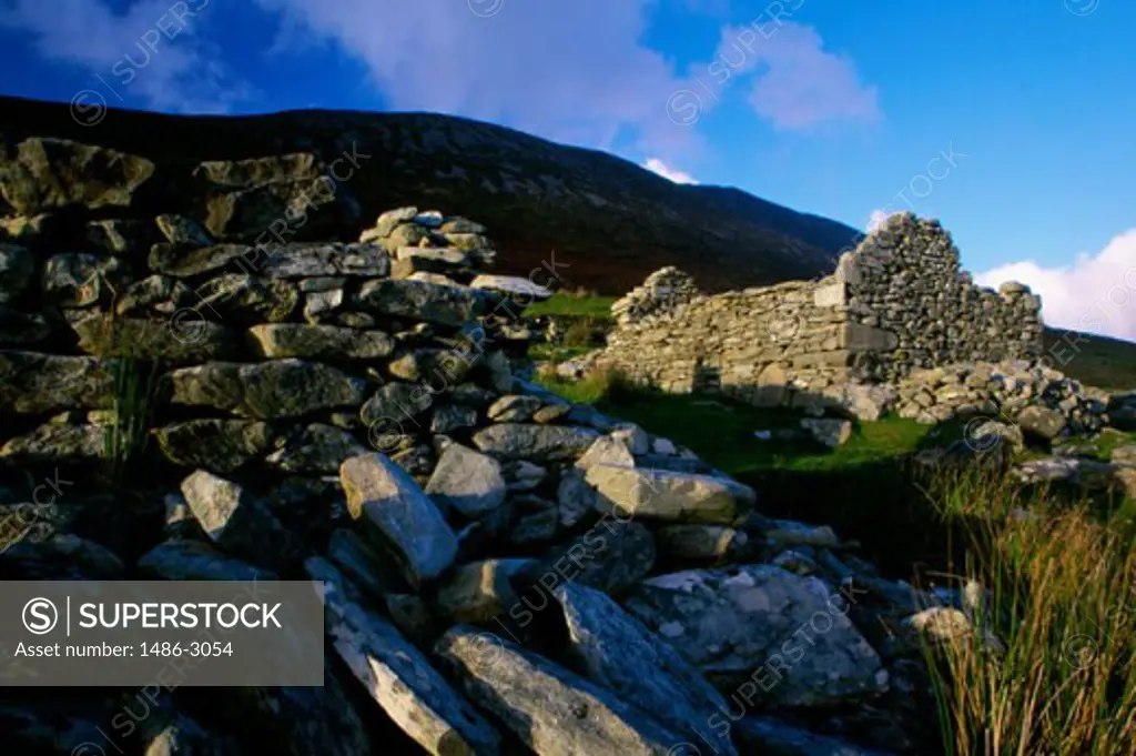 Demolished building structure of a deserted village, Achill Island, Ireland