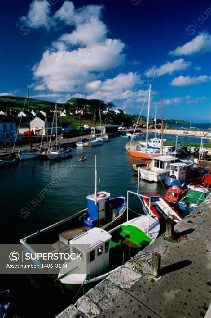 High angle view of boats moored at a dock, Carnlough, County Antrim, Northern Ireland