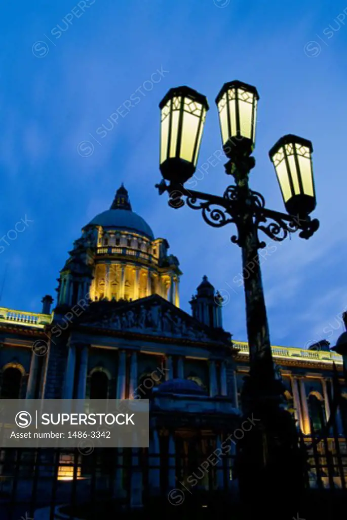 Low angle view of a lamppost in front of a government building, City Hall, Belfast, Northern Ireland