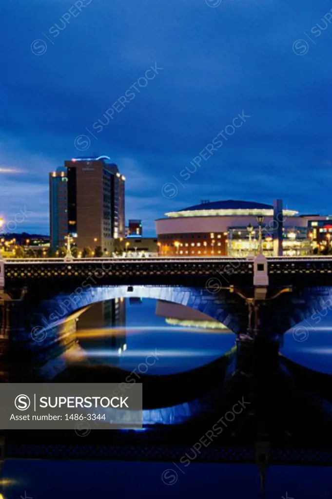 Bridge in front of a building, Waterfront Hall, Queens Bridge, Belfast, Northern Ireland