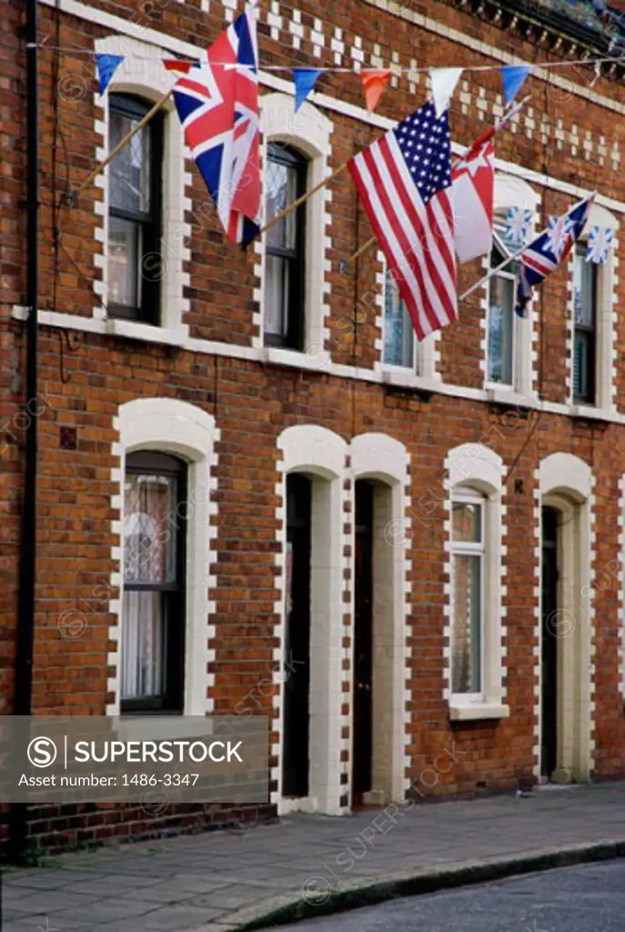 Flags hanging on a building, Belfast, Northern Ireland