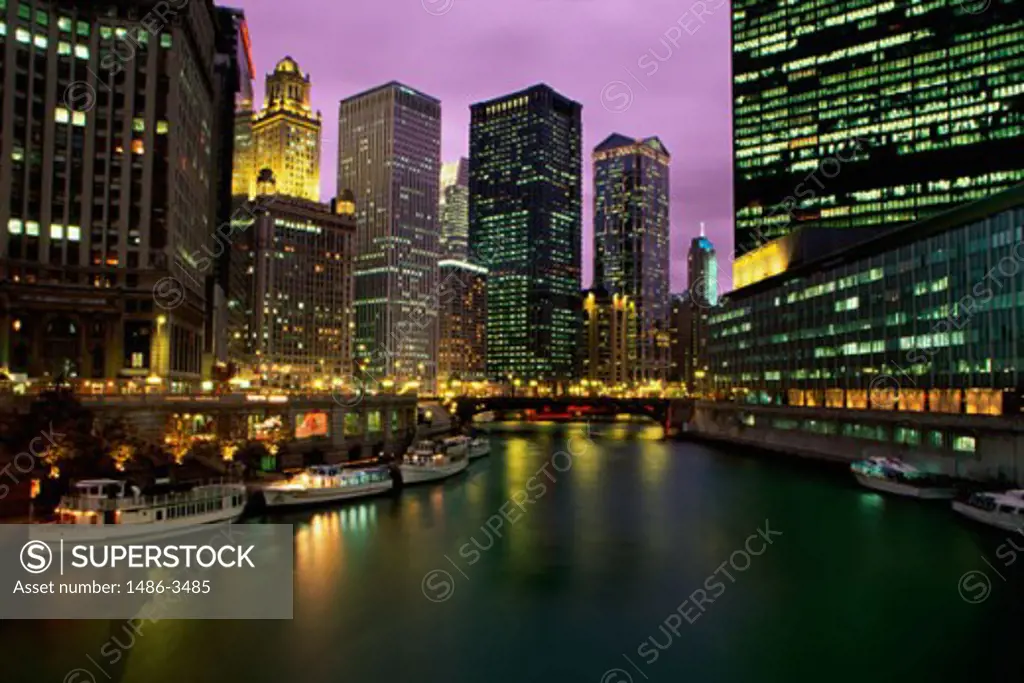 Skyscrapers lit up at night, Chicago, Illinois, USA