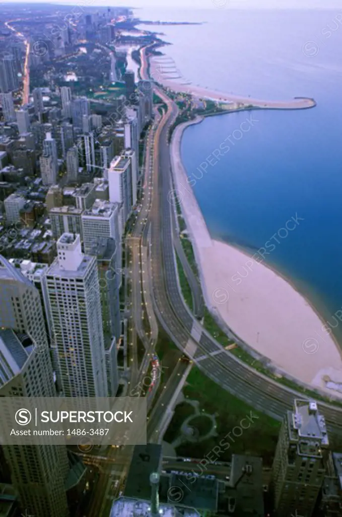 Aerial view of buildings along a highway in a city, Lake Shore Drive, Chicago, Illinois, USA