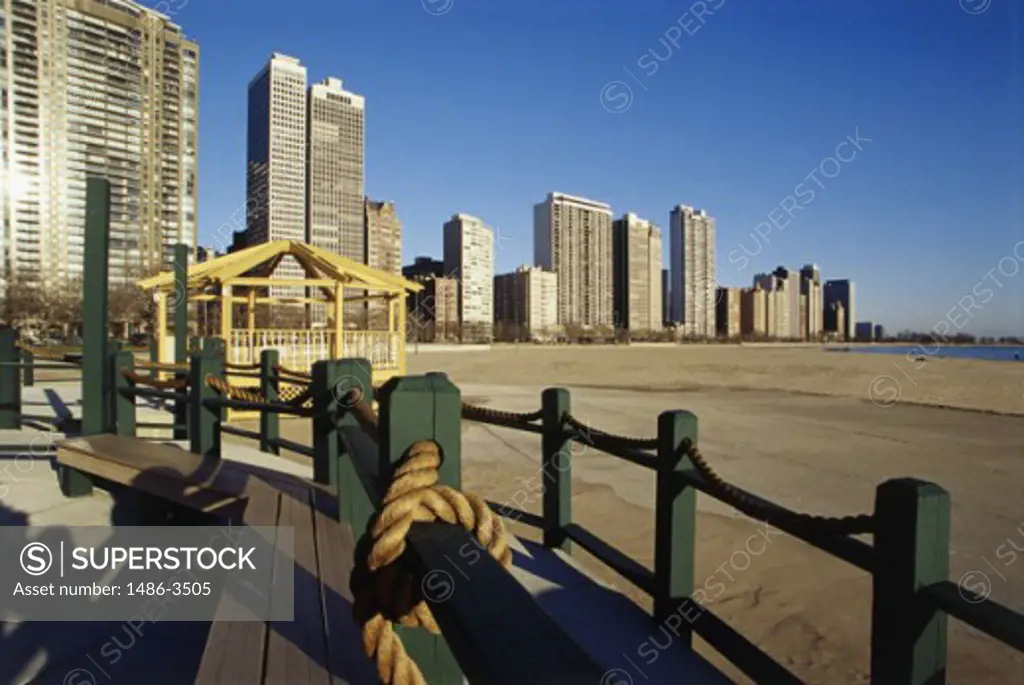 Empty benches on the beach, Oak Street Beach, Chicago, Illinois, USA
