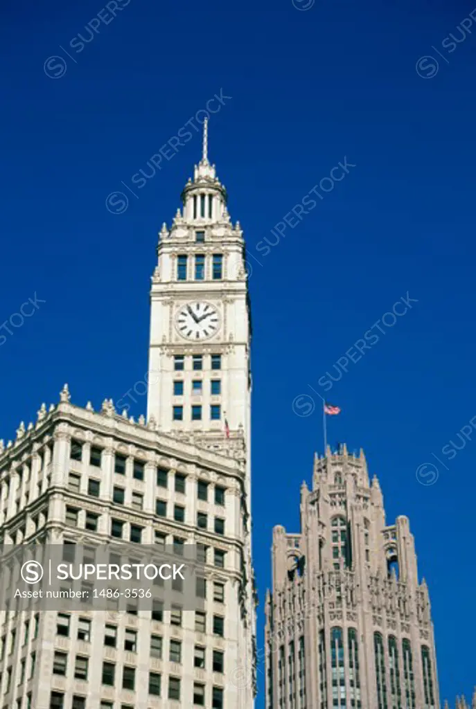 Low angle view of the Wrigley Building, Chicago, Illinois, USA